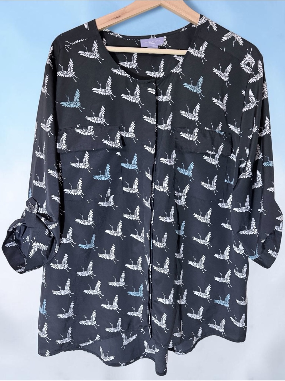Laura Scott Navy Bird Print Button Front Blouse 1X